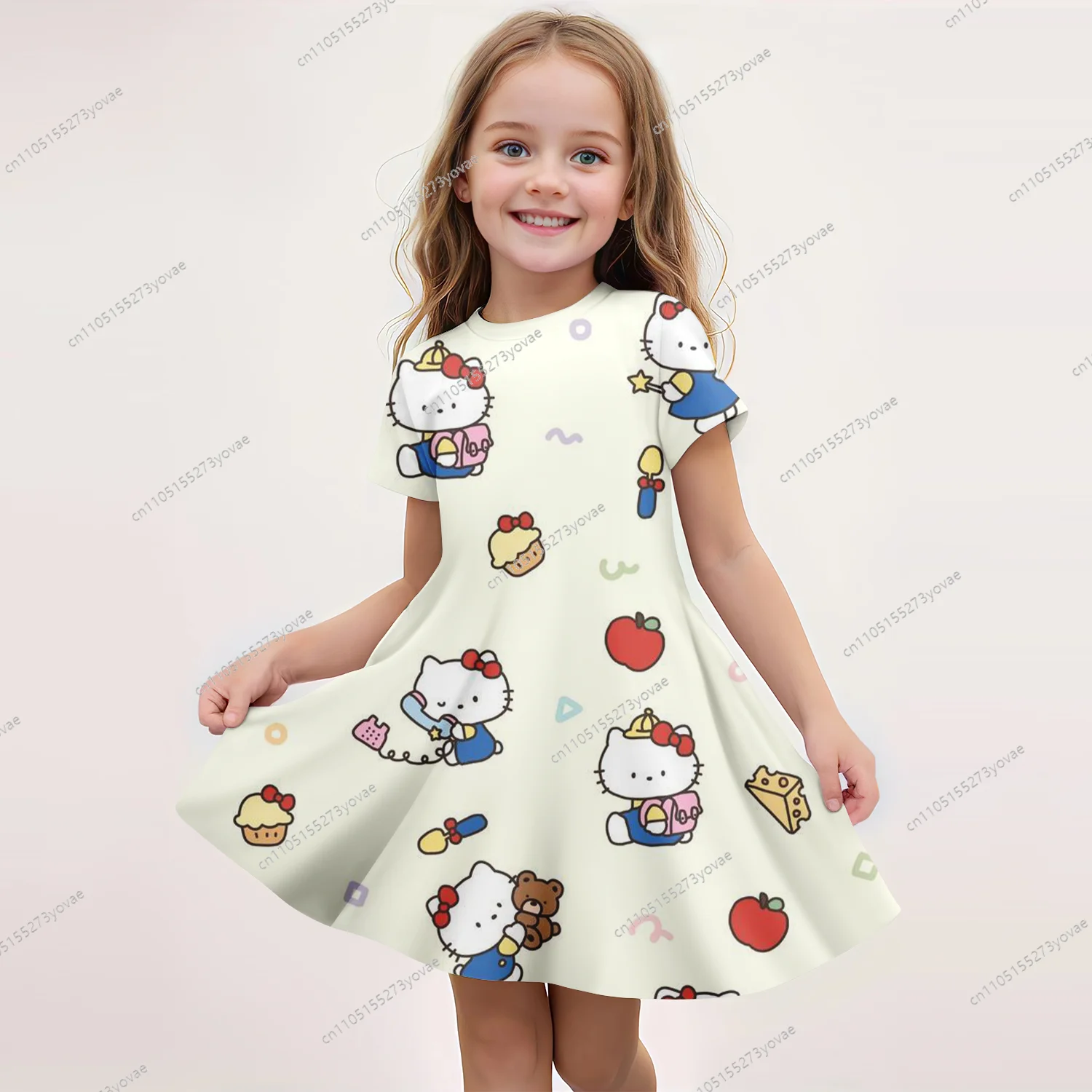 

Cute-style children's short-sleeved dress with 3D printed Hello Kitty, featuring an adorable design that kids love to wear