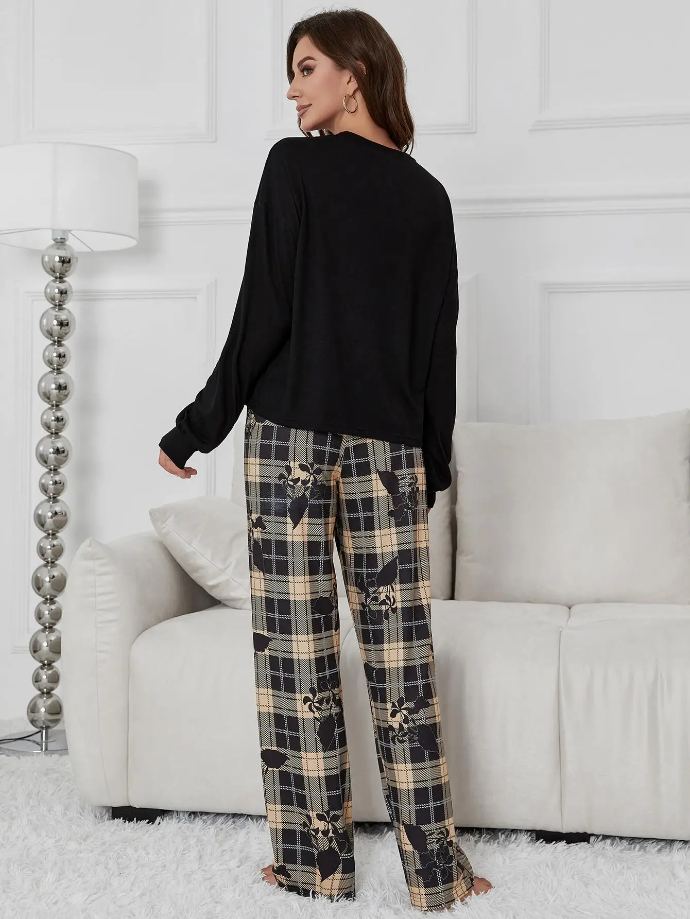 Women Pajama Set Solid Long Sleeve Top & Full-Length Plaid Pants Panda Print 2 Pieces Sleepwear Female Nightwear Homwear Cloth