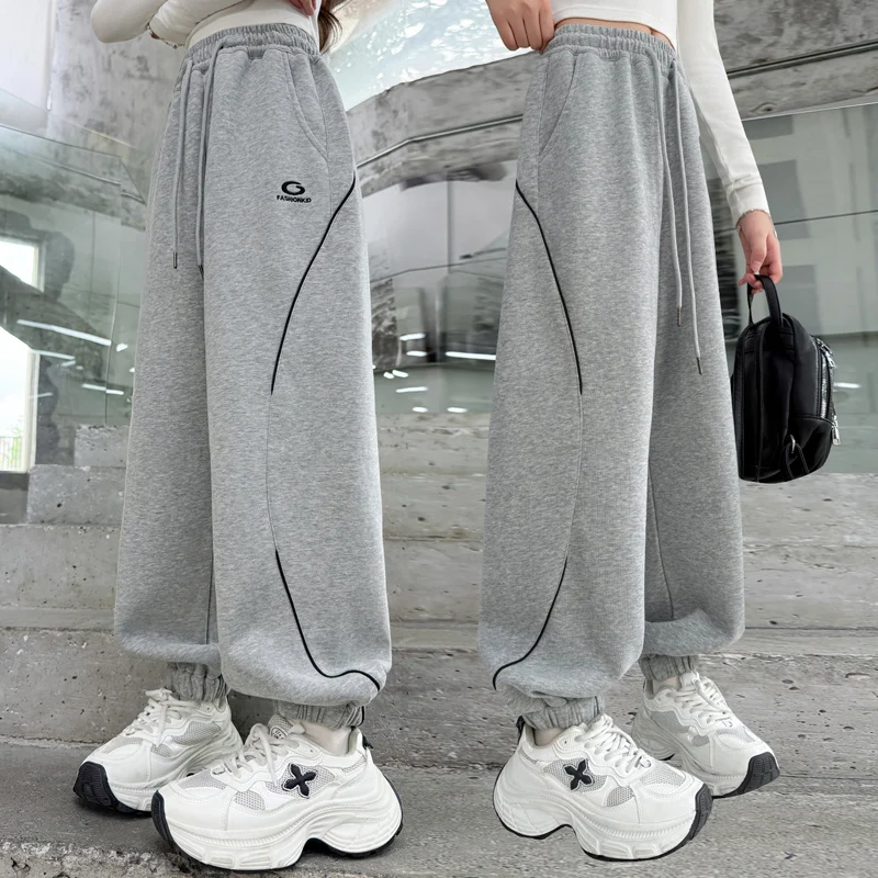

Spring Autumn Teenage Girls Sweatpants Pure Cotton Junior Child Sports Pants Loose Elastic Waist School Child Trousers Age 5-14Y