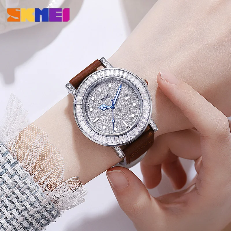 SKMEI Reloj Hombre グリッターダイヤル防水クォーツスポーツウォッチ男性用メンズカジュアル本革ストラップ腕時計日付時計