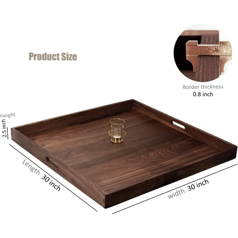 30 x 30 Inches Extra Large Square Black Walnut Wood Ottoman Tray, Coffee Classic 2.5 Feet Wooden Decorative Serving Tray