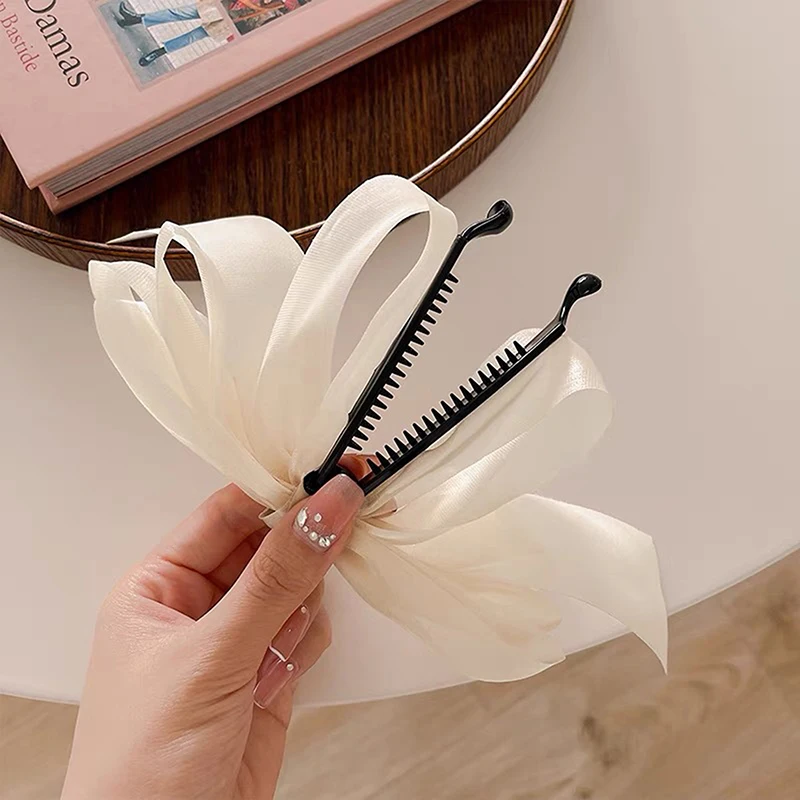 New Fashion Ribbon Bow Banana Hair Clip For Women Back-Head Ponytail Headdress Accessory