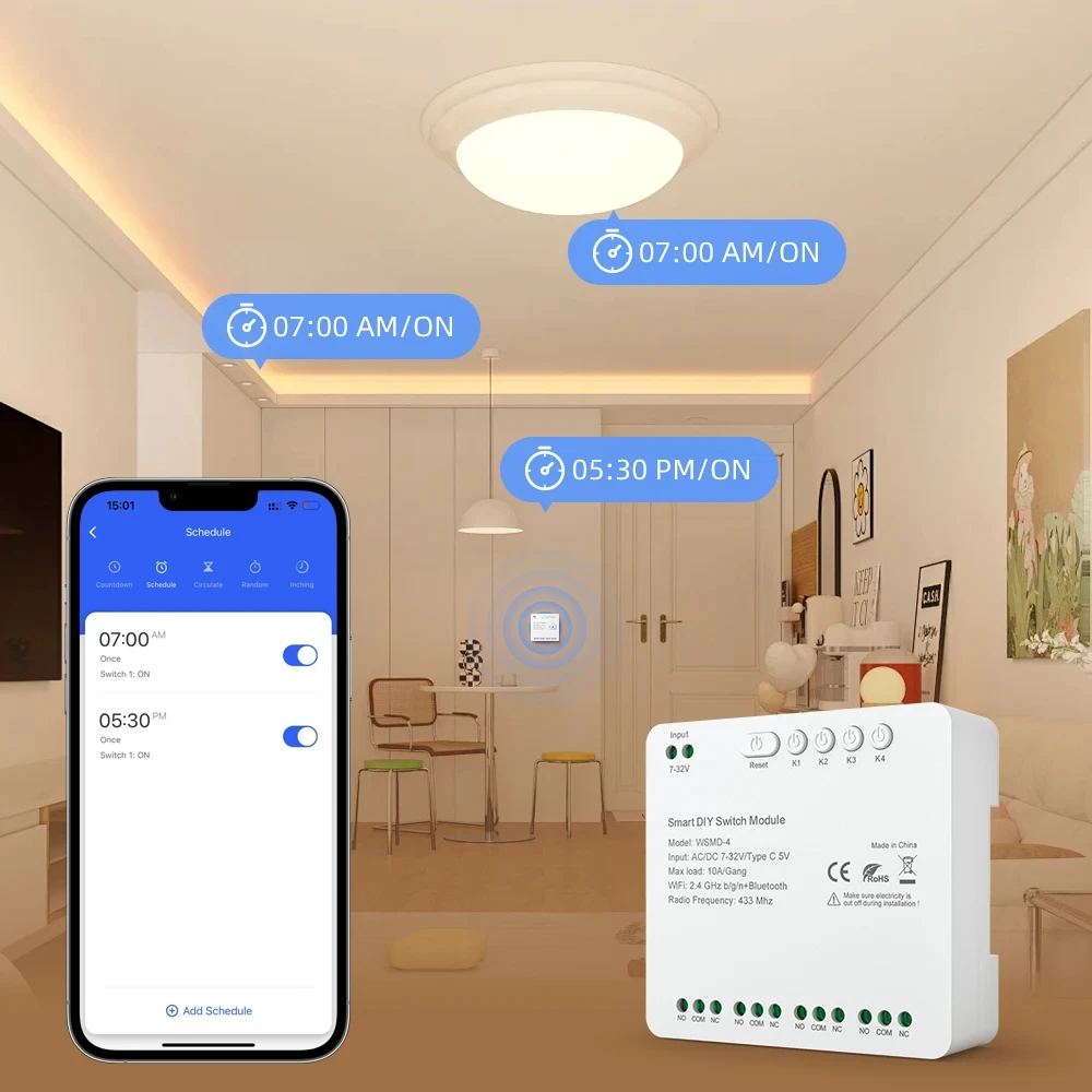 MIUCDA Tuya WiFi módulo de interruptor 4 canales interruptor inteligente 7-32V/85-250V RF 433 relé de Control remoto funciona con Alexa,Google Home