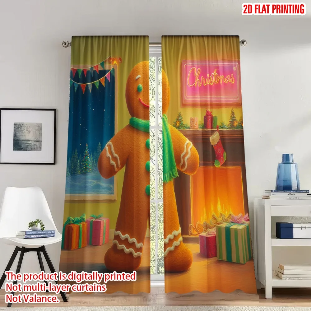 

2pcs 2D flat printing Popular Christmas curtains Cozy Christmas Gingerbread Fireplace Scene Digital Printed Polyester Drapes