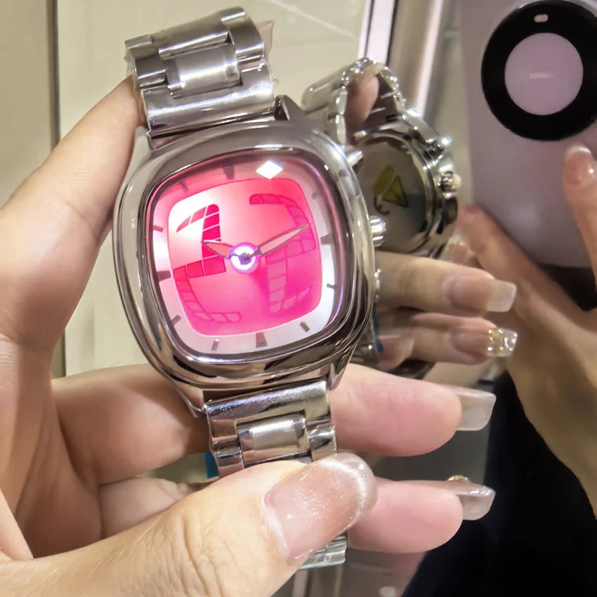 Image of Quarzuhr, farbig, quadratisch, Y2K-Zeiger, Zahlen, Dual-Display, Stahl, personalisierbar, leuchtende Uhren, Herren, Business, dynamisches Design, Uhr