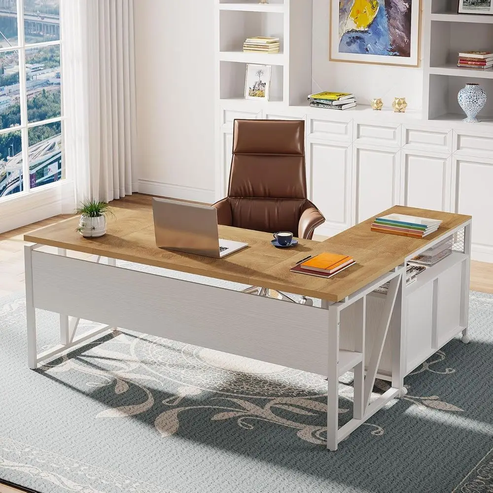 

63 Light Walnut L-Shaped Desk Set with Executive Computer Desk and File Cabinet