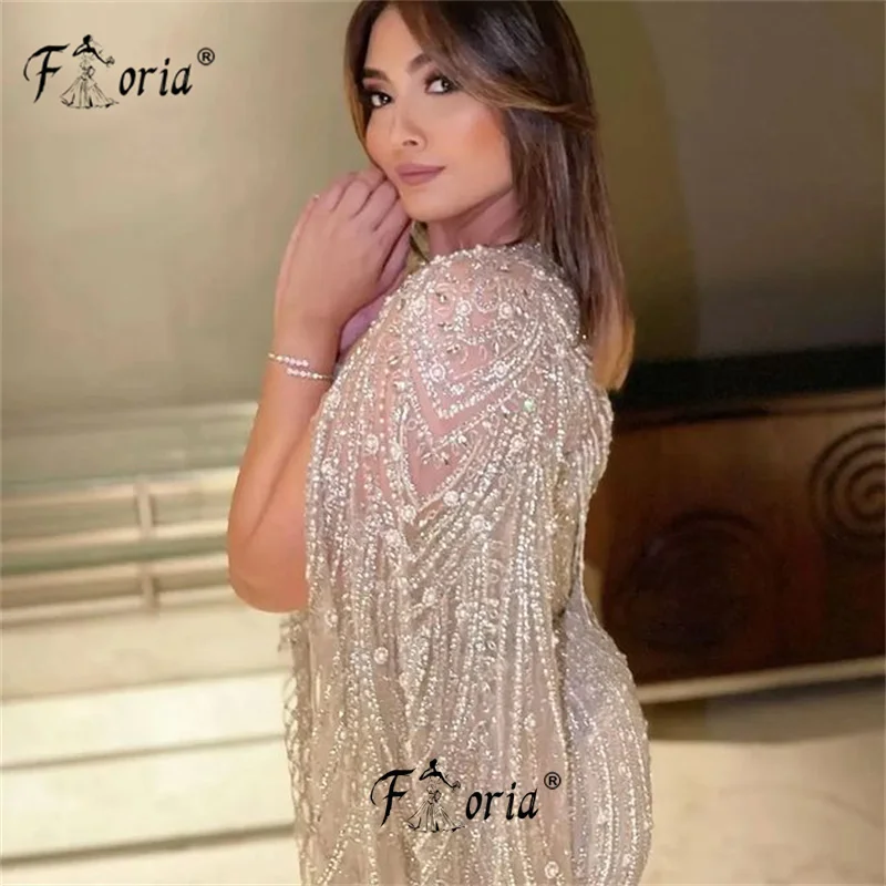 Dubai Mermaid Shinning Cape Sleeve Evening Dresses For Wedding Party 2024 Pearls Sequin Formal Celebrity Dress Champagne Beads