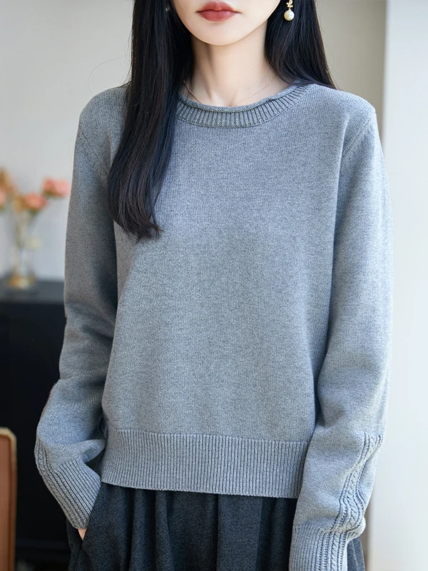 Thickened Pure Cotton Long Sleeve Knitted Sweater Women's Autumn Winter New Style Simple round Neck Warm Base Layer Design Sense