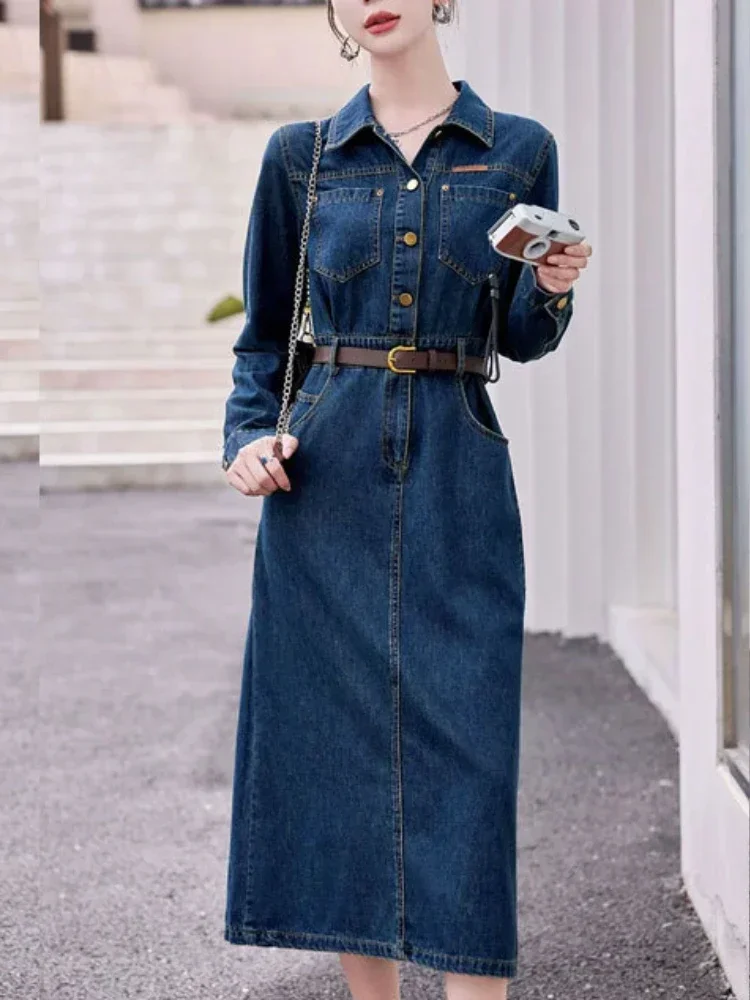 2024 Autumn Winter Casual Women Lapel Single Breasted Denim Dress Vintage Lady Empire Slim A-line Midi Dress with Belt