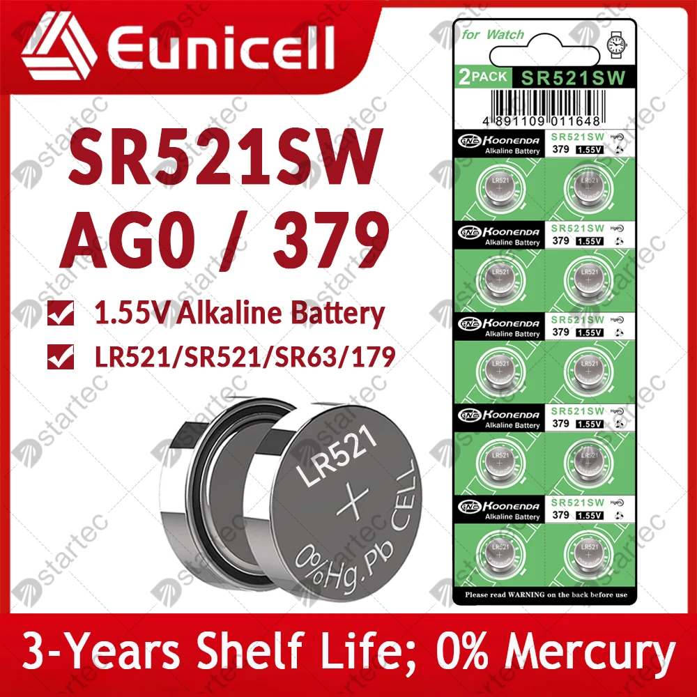 

Eunicell 10PCS-50PCS LR521 AG0 Button Batteries SR521SW 379A 379 179 D379 SR63 1.5V Alkaline Coin Cell Silver OxideWatch Battery