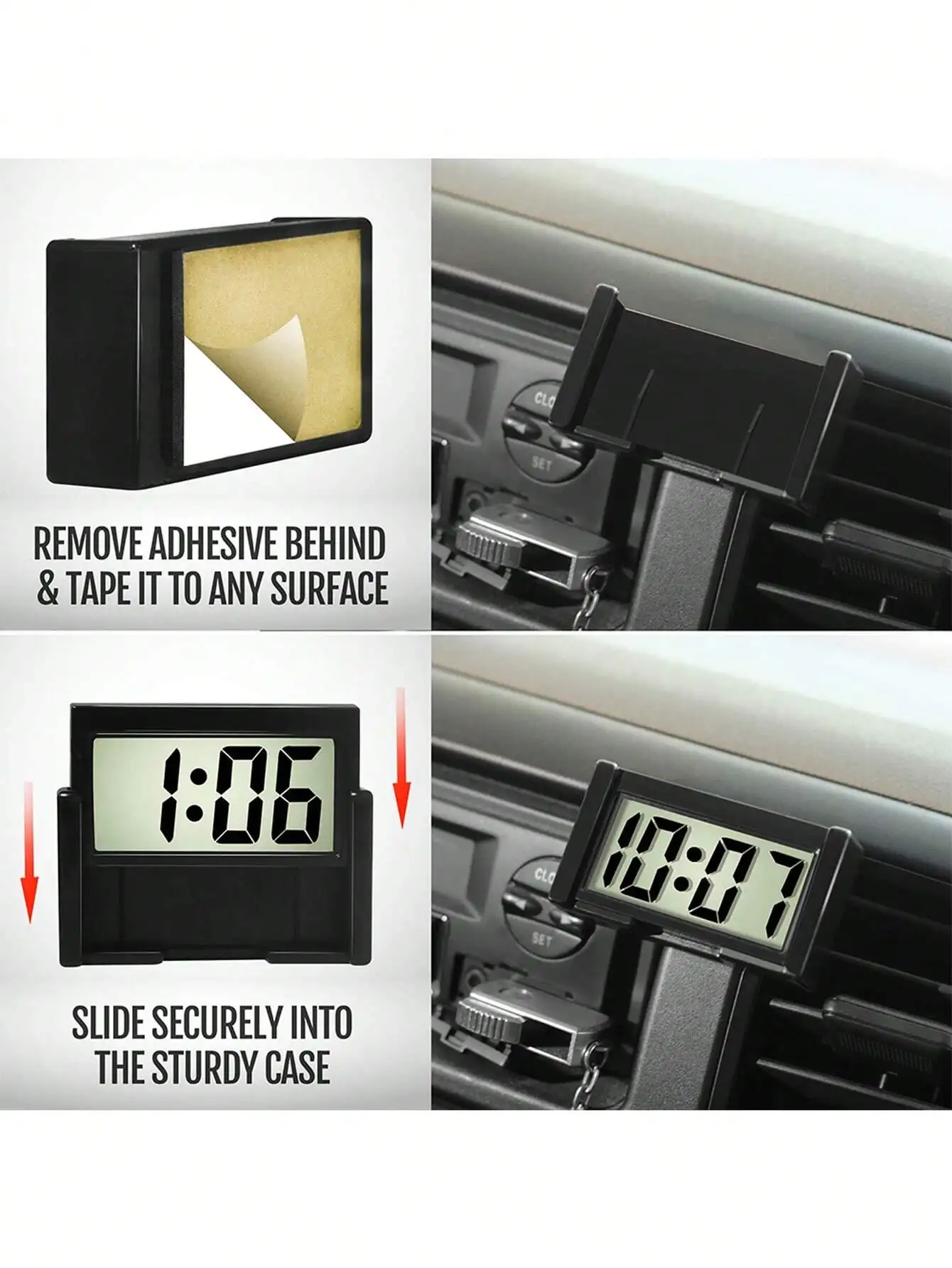 Car Dashboard Digital Clock, Vehicle Adhesive Clock With Jumbo LCD Time & Day Display