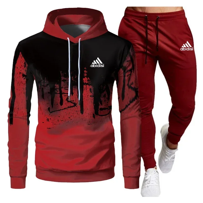 2024 Male foam 3D splash-ink hoodie and pants running 2-piece set, thick sportswear, Spring and Autumn, New fashion,