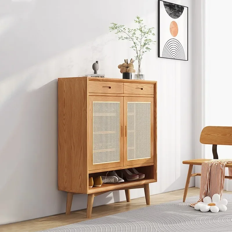 Nordic white wax wood rattan woven solid wood shoe cabinet with multiple layers for simple storage, living room storage cabinet,