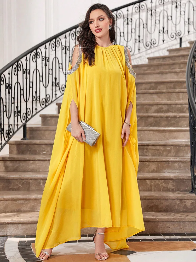 Fashion Hot Drill Cold Shoulder Long Dresses Yellow Batwing Sleeve A Line Prom Gowns for Women Evening Party Outfits 2024 New