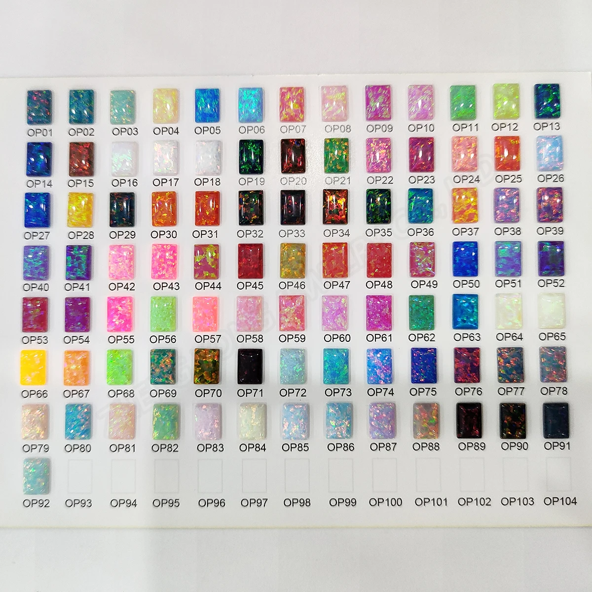 

Synthetic Opal 92 Color Chart with 5x7mm Rectangle Cabochon Flat Back Opal Stone