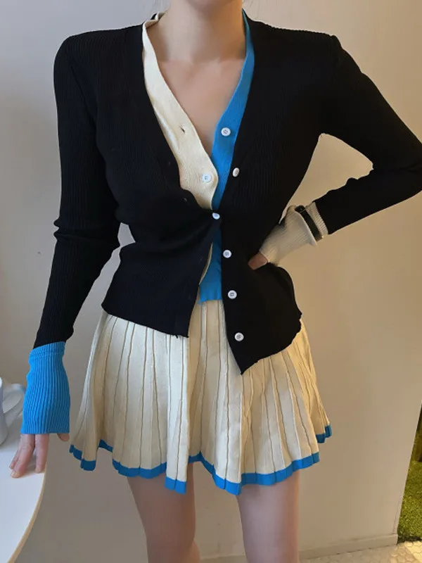 Color Block Knitted Outerwear And  Skirt Set Women's Fashionable Retro Spring New Style Half Body Skirt Two Piece Suit