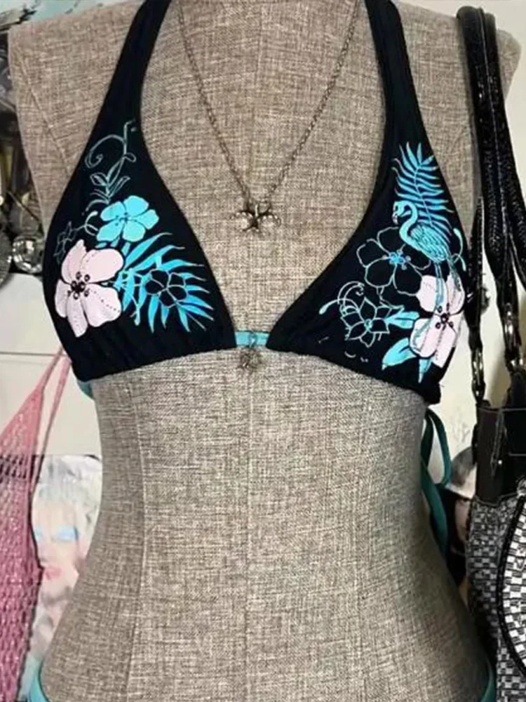 セクシーな湯たんぽプリントレースアップ背中の開いたビキニ 2 点セット女性スプリット水着ビーチビキニ 2025 新しい夏の水着ビキニセット