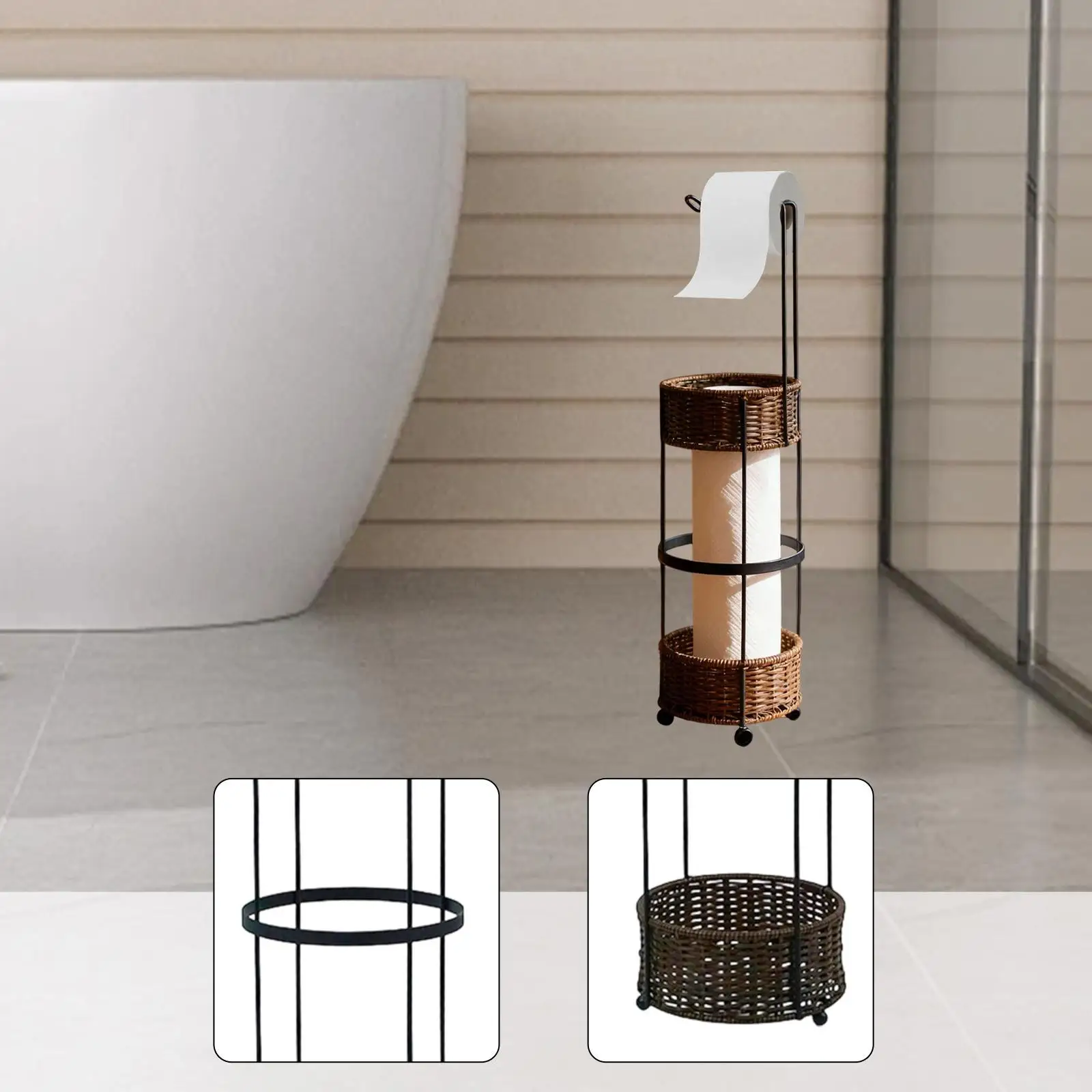 

Standing Toilet Paper Holder Woven Space Saving 19.69inch with Storage Toilet Roll Dispenser for Dorm Washroom Lavatory Bathroom
