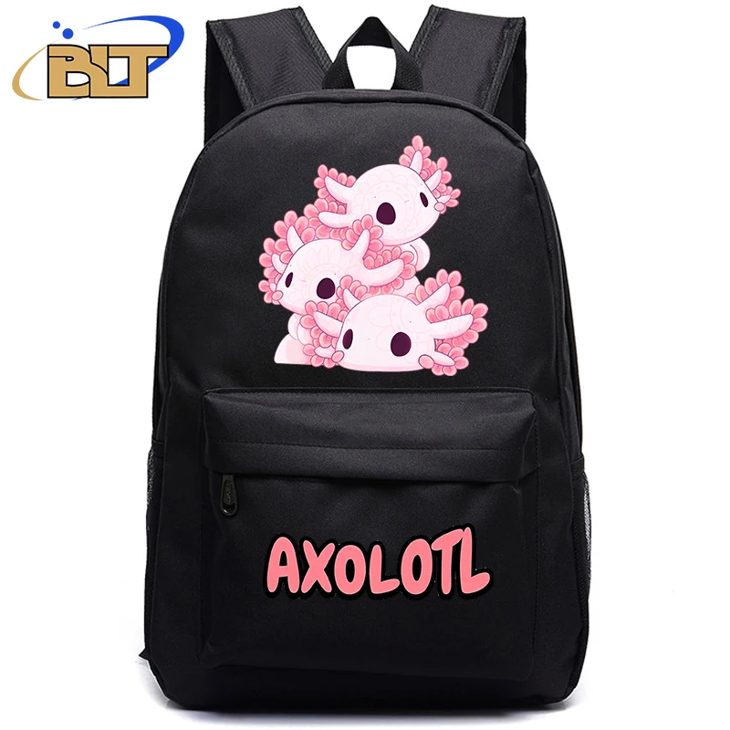 Cute Axolotl Printed Student Backpack Black Backpack Kids Bag