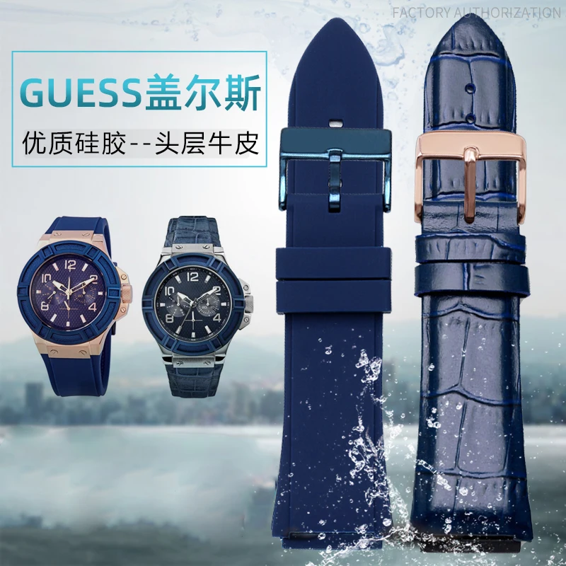 New Genuine Leather Watchband 22mm Silicone watch bracelet for GUESS W0040G3 W0040G5 W0247G3 Blue Wrist band men\'s watch strap