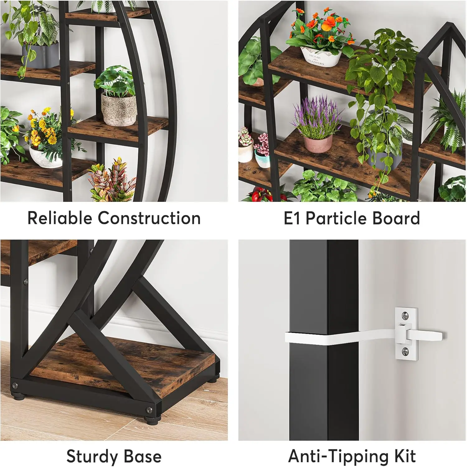 Suporte de planta de 5 camadas interno, grande prateleira de planta em forma de meia lua, rack de vaso de flores oval curvo industrial para sala de estar, varanda