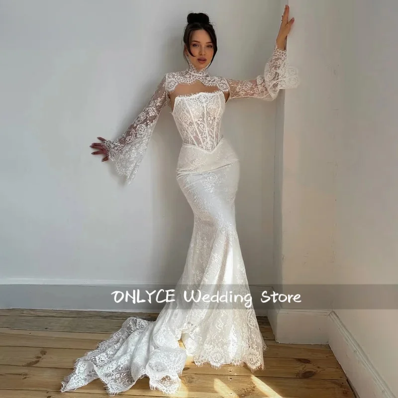 Custom Detachable Bell Long Sleeve Lace Mermaid Wedding Dress Strapless Corset Bodice High Neck Jacket Two Piece Bridal Gown