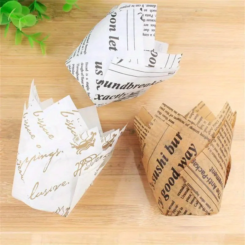 50pcs Newspaper Style Cupcake Muffin Liner Baking  Oil Proof Cup Wedding Party Caissettes Tulip Muffin Cupcake Paper Cup Wrapper