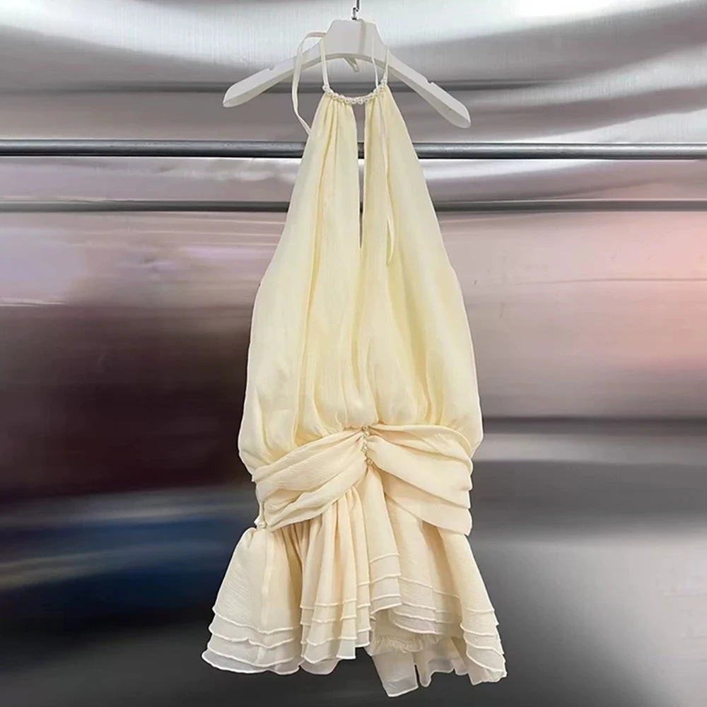 Koreanischer Stil, Temperament, Damenstil, kurzer Rock, 2022, Sommer, neues Spleißen, ärmellos, Rüschen, Perlen, schmales Kleid – GZXX 938