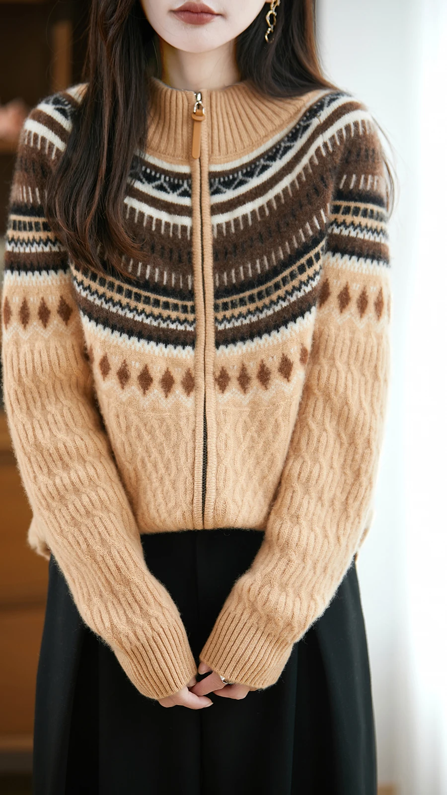 

New Women 100% Merino Wool Cardigan Mock Neck Knit Retro Jacquard Thick Autumn Winter Zipper Clothing Skin Friendly Warm Top