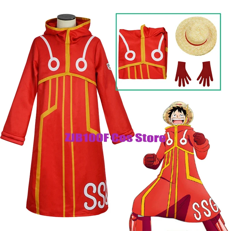 Future Island Luffy Cosplay Anime Costume Uniform Men Luffy Red Trench Cloak Glove Hat Set Party Role Play Outfit for Kid Adult