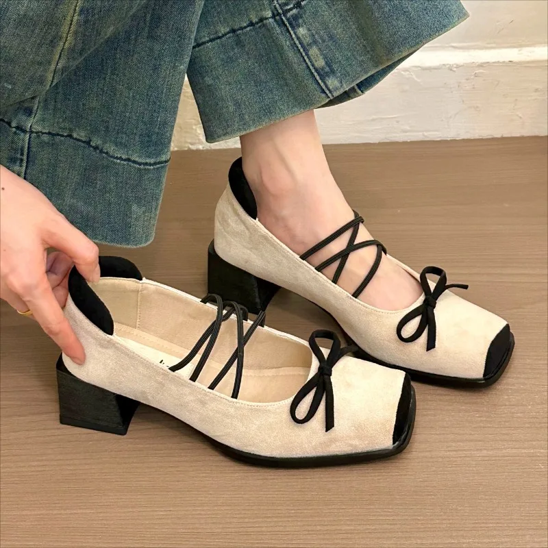 Mocassini impermeabili in pelle scamosciata con fiocco nuovo primavera da donna Camminate all'aperto Comode scarpe basse con tacco spesso slip-on Taglia 35-40
