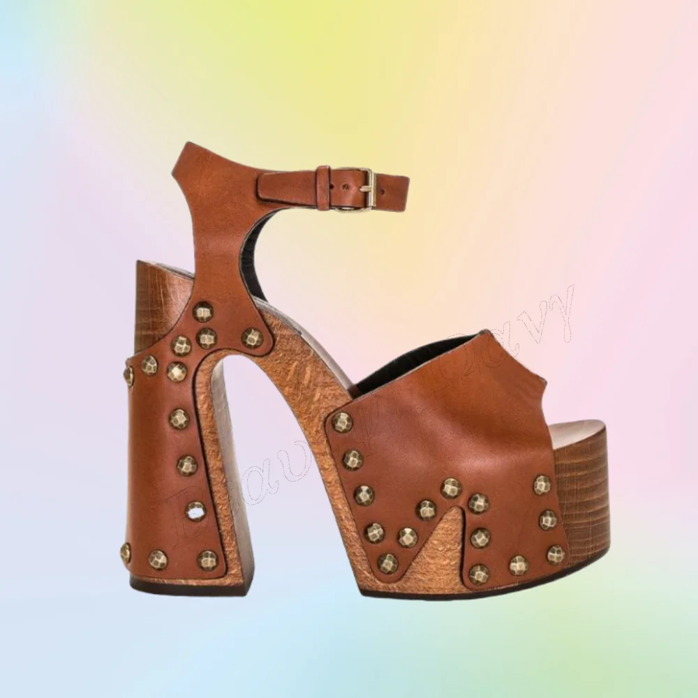 

Коричневые босоножки с декором заклепками, круглый носок, пряжка на щиколотке, туфли на массивном каблуке, женские туфли на высоком каблуке, 2025 Zapatos Para Mujere