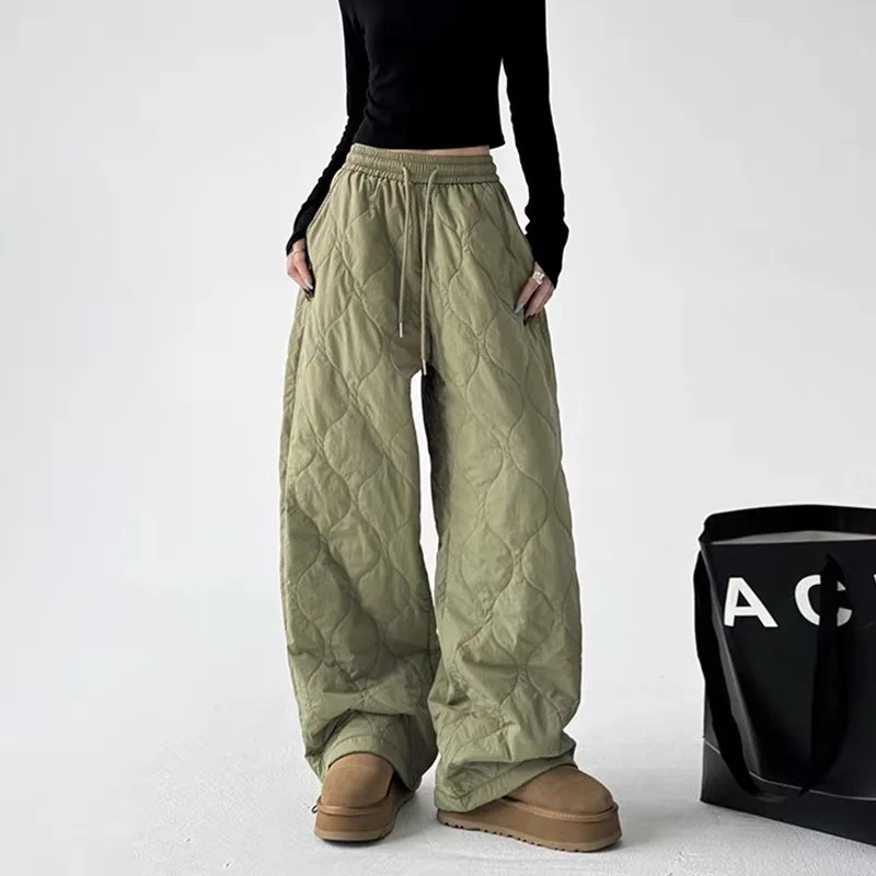 Women Winter Warm Stitched Cotton Pants Casual Loose Quilted Padded Trousers Elastic High Waist Drawstring Pants