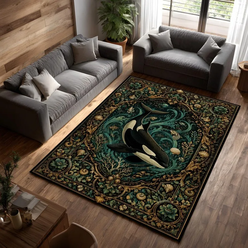 Baroque Luxury Orca Whale Area Rug Classical Gold Border Marine Animal Carpet For Living Room Sofa Luxury Art Floor Mat Large