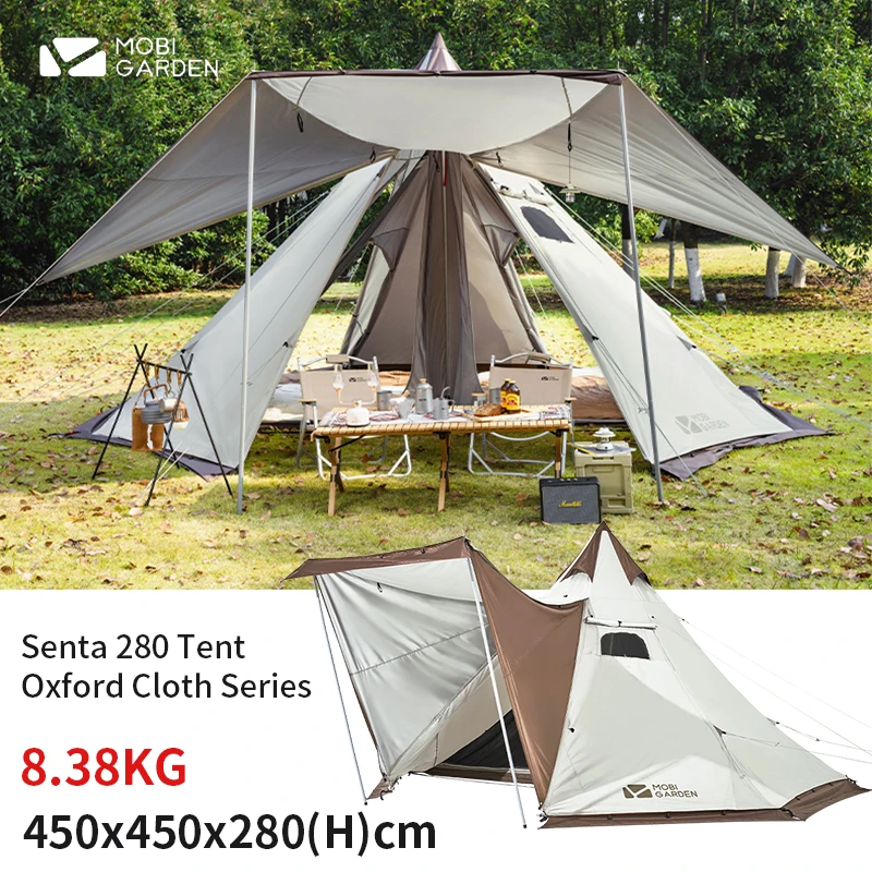 MOBI GARDEN 4-6 Person Senta 280 Tent Outdoor Camping Large Space Pyramid Tent With Chimney Mouth Snow Skirt Tent with Iron Pole