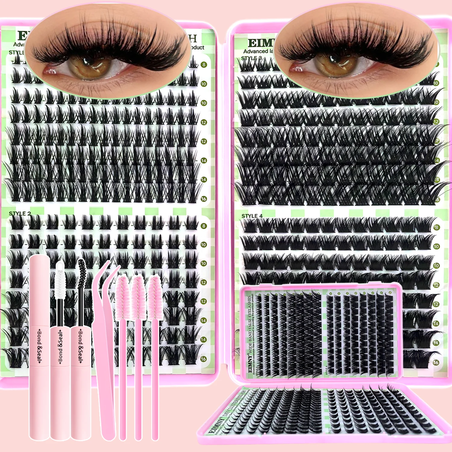 416/832-teiliges DIY Cluster-Wimpern-Set, 32 Reihen, breites Band, voluminös, wiederverwendbares Wimpernverlängerungs-Kit mit Kleber/Pinzette/Wimpernbürste