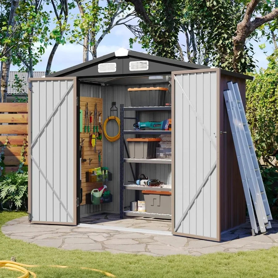 `6x4 FT Metal Outdoor Storage Shed, Heavy Duty Galvanized Steel Weather Resistant Tool House with Lockable Double Door & Vented Roof for Backyard Garden`