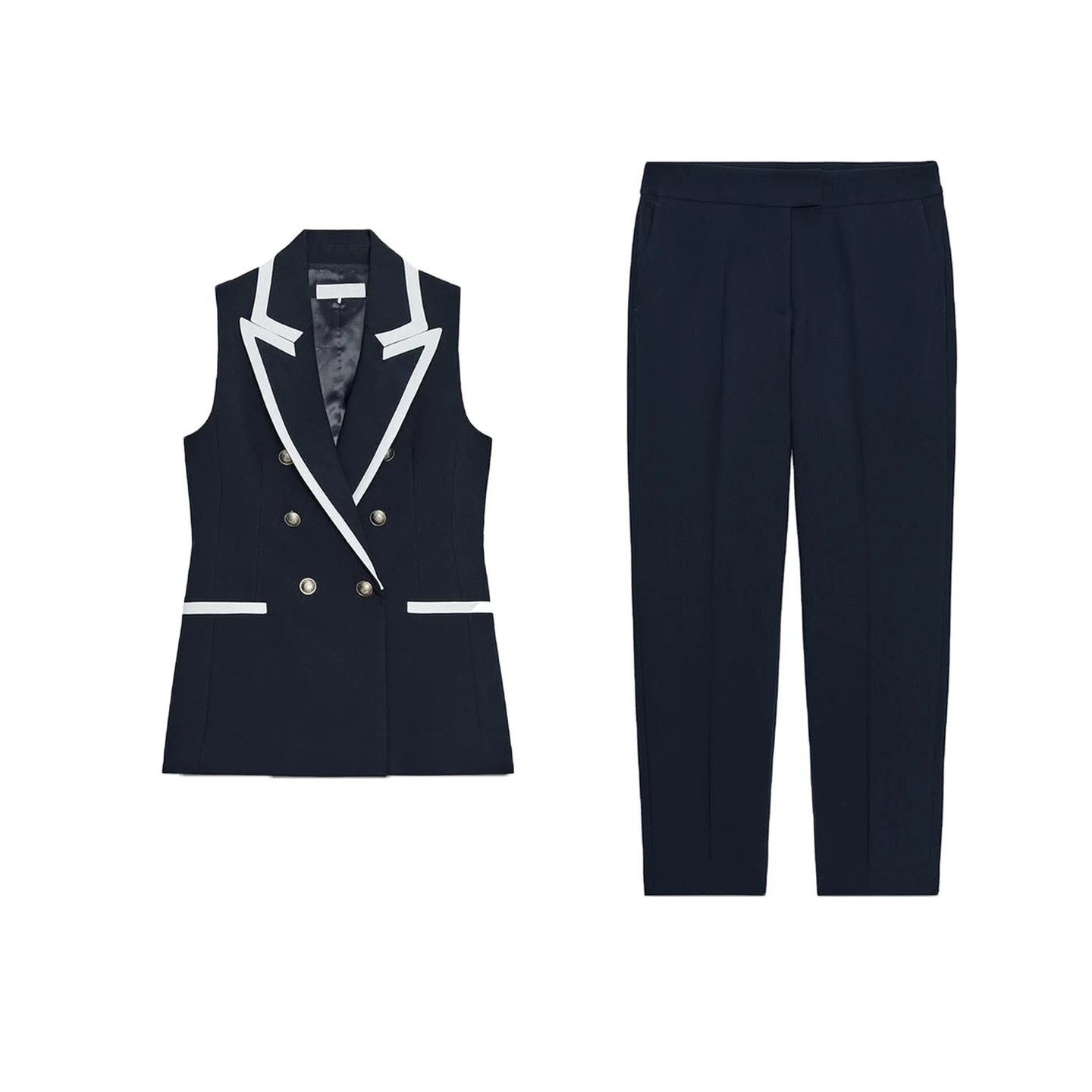 Повседневный Sle Повседневный ветровой воротник Svel Color Blo Trim Жилет с высокой талией Slim Fit Длинные брюки Faion Комплект для женщин