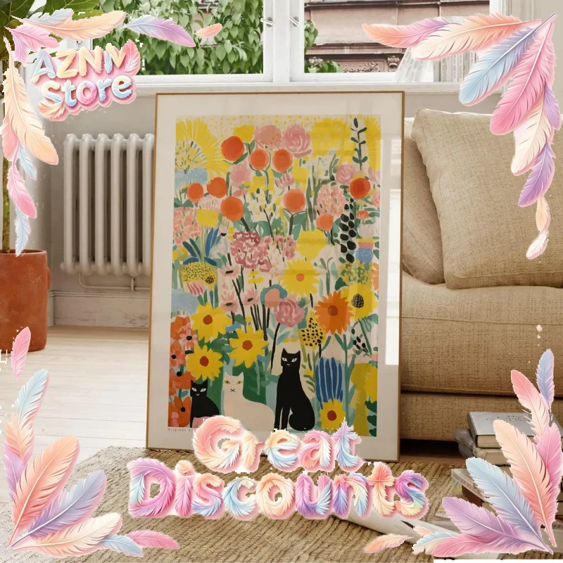Yellow Cat in Garden Wall Art - Floral Cat Illustration & Cat Art Print - Garden & Cat Themed Decor - Giclee Print on Canvas
