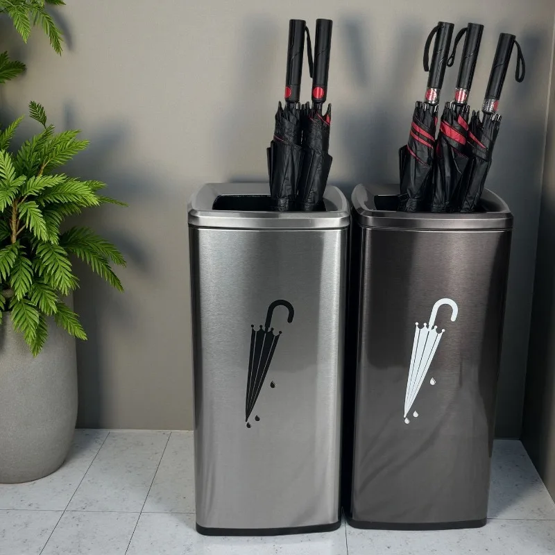 

Stainless steel umbrella bucket in the hotel lobby, with a vertical umbrella storage rack at the commercial entrance