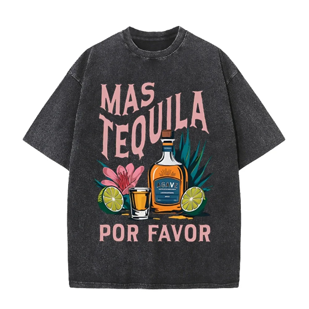 2026 Mas Tequila Por Favor Vintage Agave Lime Floral Graphic Black Washed T Shirt Funny Mexican Drink Lover Casual Oversized Uni