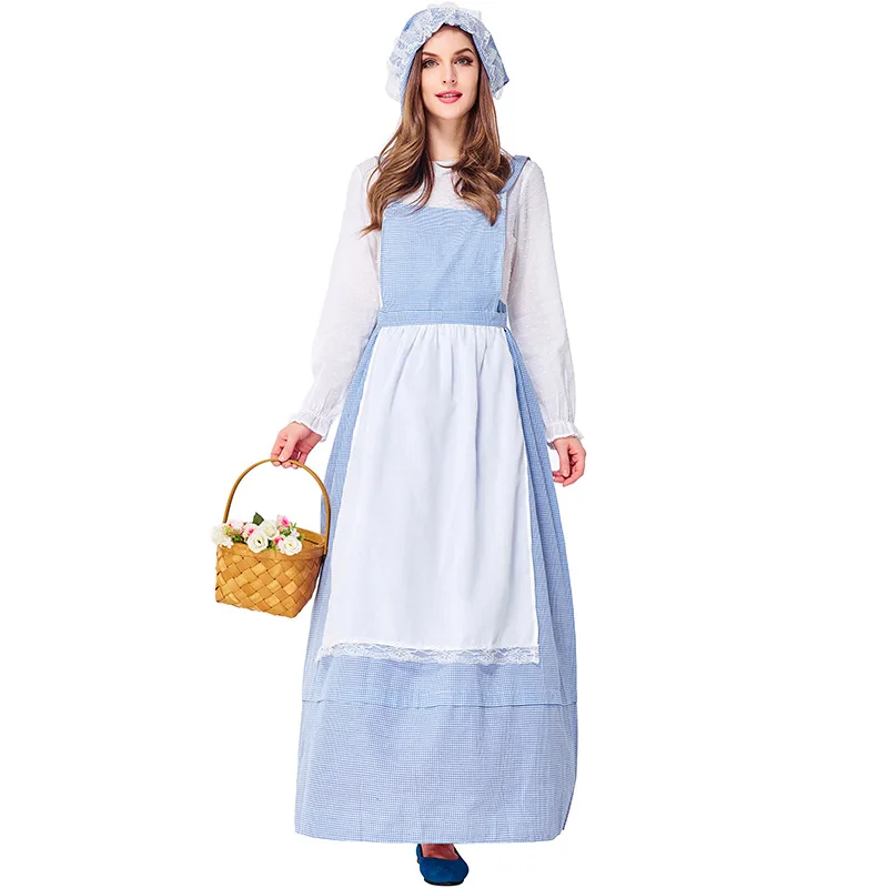 

Adult Women Drama Colonies Pastoral Farm Maid Long Sleeves Dress Apron Hat Set Halloween Cosplay Costumes Role Play Outfit