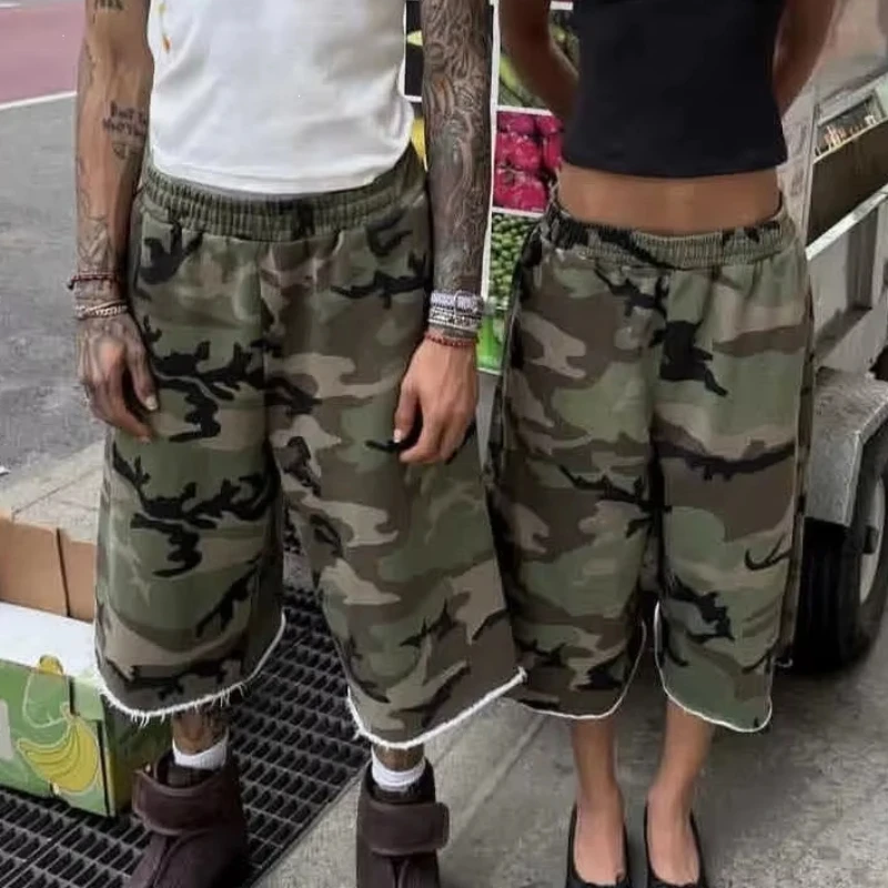 Y2K Unisex Camouflage Retro Workwear Pure Cotton Design Street Harajuku Style Loose Wide Leg Casual Hip-Hop Fashion Crop Pants