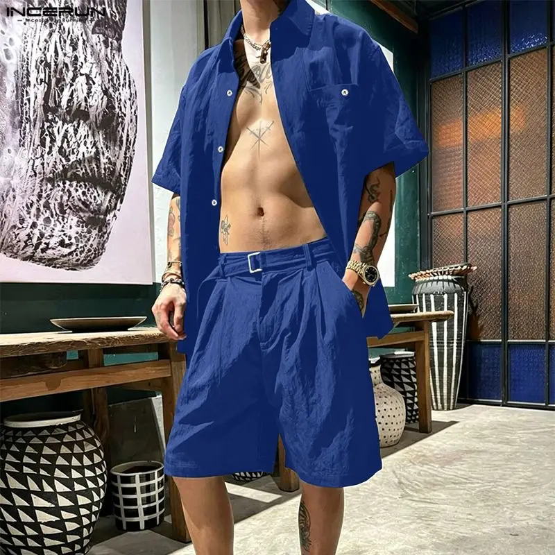 INCERUN Men Sets Solid Lapel Short Sleeve Shirt Shorts Two Piece Sets Streetwear Summer 2026 Loose Men Matching Sets Tracksuits view 4