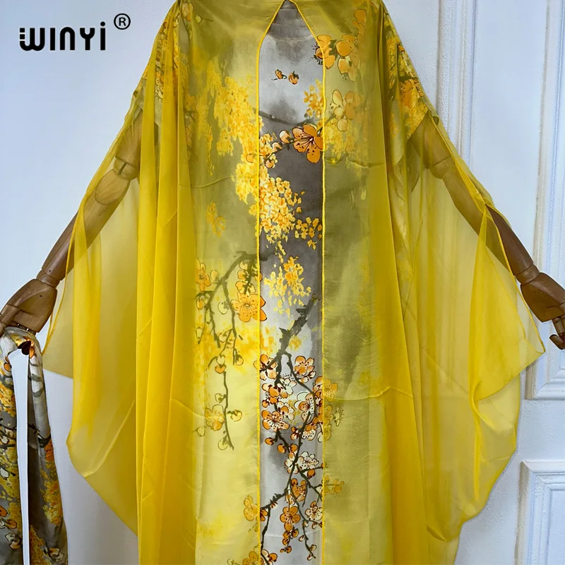 Winyi Sommer Doppels chicht gedruckt Party kleid Frauen drucken weibliche Kaftan Abaya Dubai Luxus Maxi lange Daunen kleid mit Gürtel