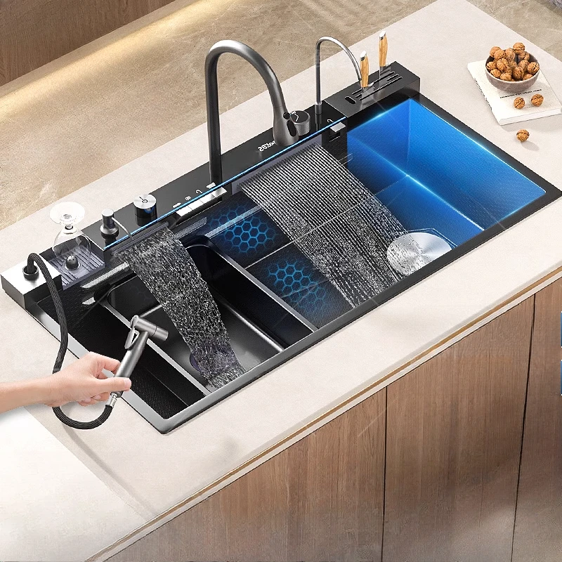 

100x50cm Stainless Steel Waterfall Kitchen Sink With Knife Holder Digital Display Faucet Set Embossed Extra Large Single Slot
