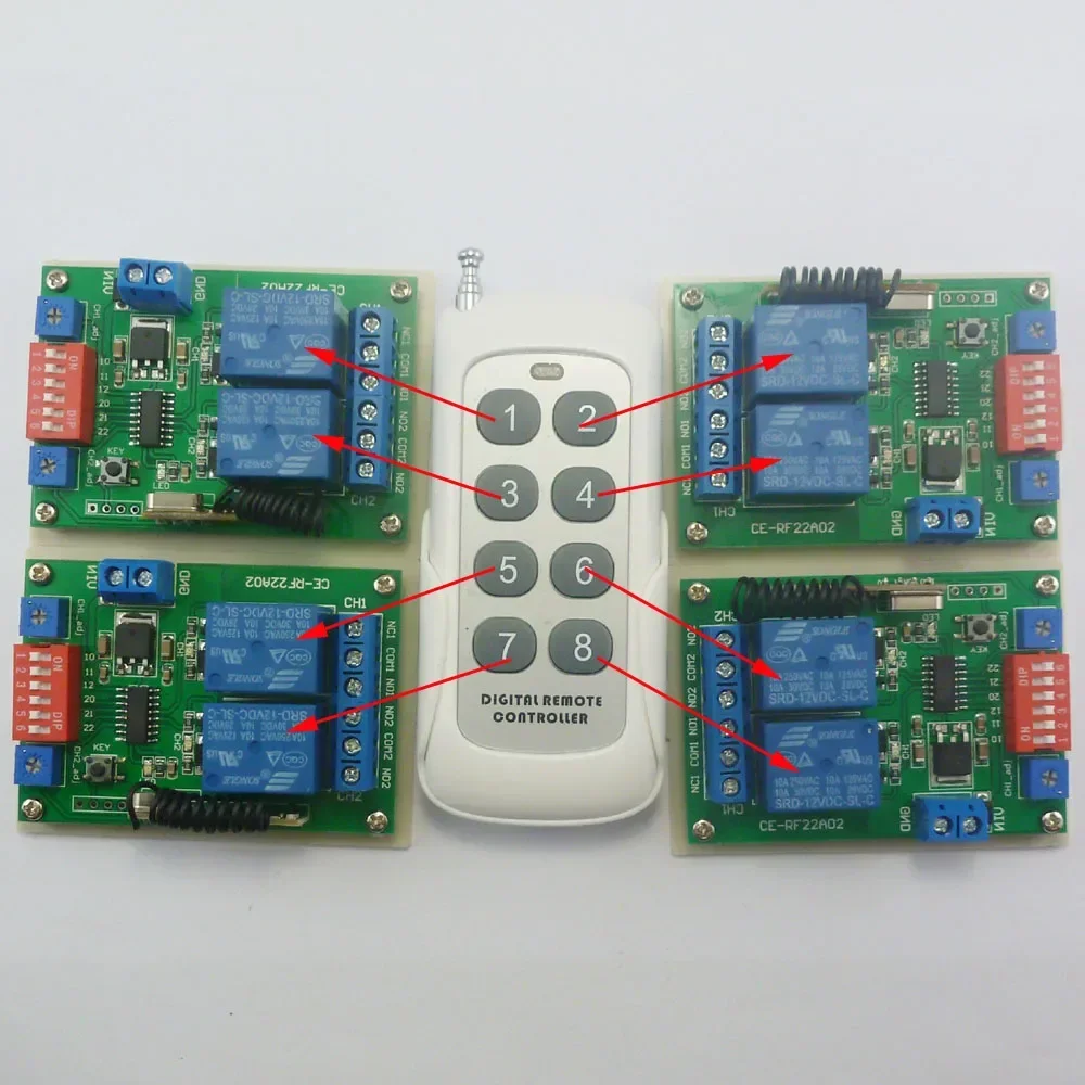 1TX+4RX DC 12V 433Hz RF Adjustable Delay timer Wireless Remote Control Relay Switch