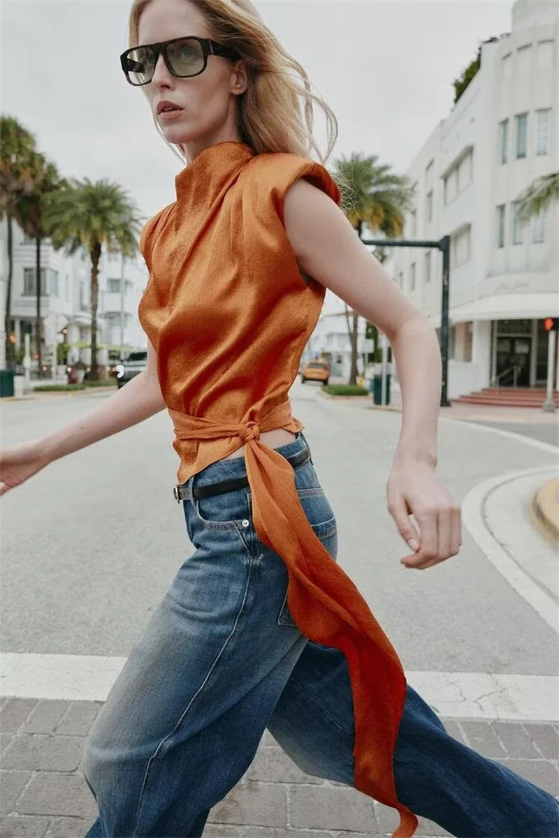Satin Shawl Collar Sleeveless Crop Top, Women's Elegant Side-Tied Waist Shirt, Luxurious Smooth Silk-Like Tank - view 4