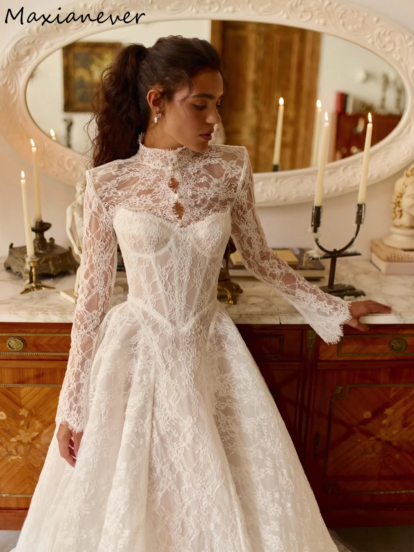 Maxianever Customized Luxury Long Sleeves Lace Wedding Dresses High Neck A-Line Beach Bridal Gowns vestido de novia