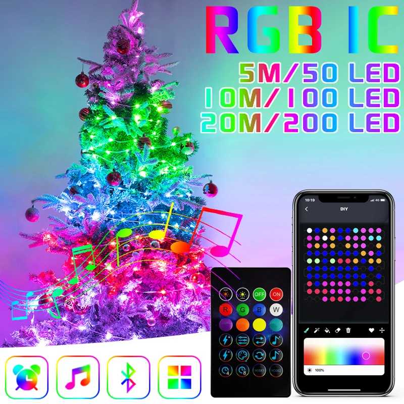 20m 200Led Fairy RGBIC String Light Usb Smart Bluetooth Music Magic Leather Garland Lamp With Remote Christmas Tree Decor Light